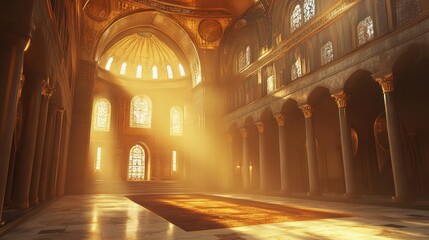 Obraz premium Sunlight streaming through stained glass windows in a grand cathedral interior