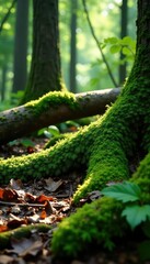 Obraz premium Wet moss on forest floor with fallen tree trunk, foliage, moss, forest