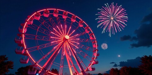 Colorful ferris wheel illuminated by fireworks against the night sky.