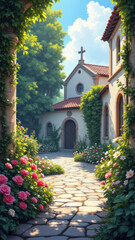 Naklejka premium A picturesque scene featuring a church with a rose-covered archway leading to its entrance.