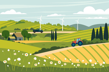 Eco village. Village with fields and tractor cultivated land, wind power plants, trees, fields and meadows with flowers, concept of modern eco farm. Eco vector illustration.