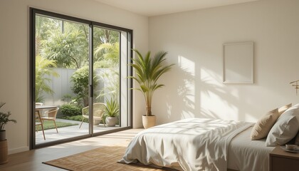 Serene Bedroom Interior Design Sunlit Room with Patio View and Minimalist Decor