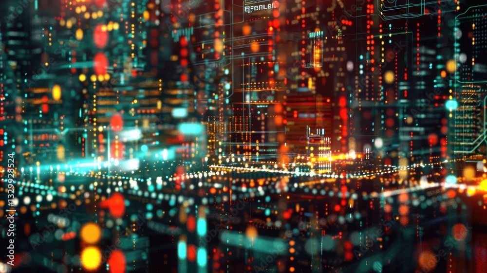 Wall mural abstract picture of neon light particle glow with digital technology style design connecting become 