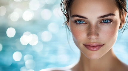 Naklejka premium Woman with flawless skin in serene spa setting, soft light enhancing calm beauty.