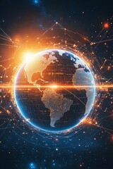 Obraz premium glowing Earth is surrounded by a digital firewall, global data protection. Cybernetic elements weave around the planet, representing a protective network. Deep blue tones, futuristic aesthetic