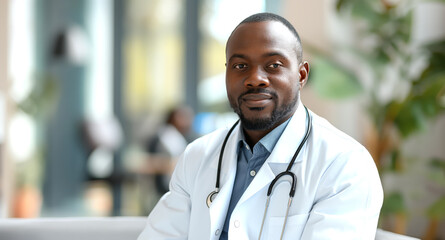 A confident Black male doctor wearing a white coat and stethoscope, smiling warmly in a modern medical office.