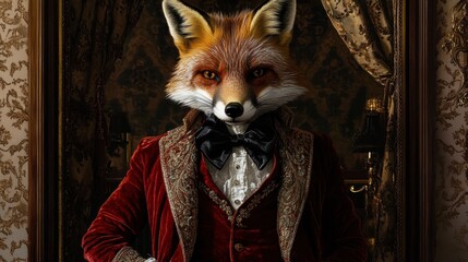 A dapper anthropomorphic fox in a rich, ornate setting, exuding charm and confidence.