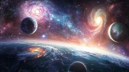 Vibrant Cosmic Landscape Planets Nebulae and Stars