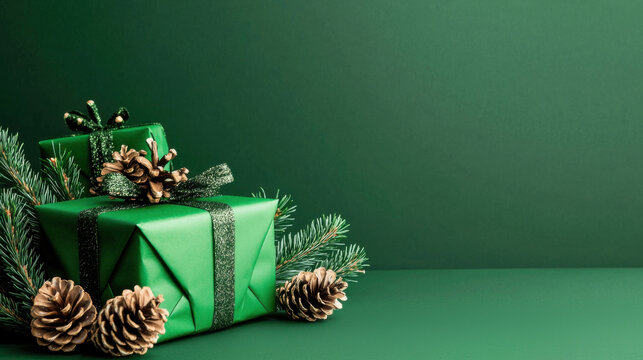 Festive gift box surrounded by pinecones and greenery on a green background.