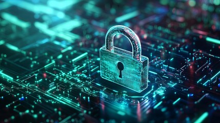 A high-tech padlock floats in digital environment, flowing encrypted data streams in bright blue green tones. Futuristic interface elements, sleek, professional cybersecurity advertisement copyspace