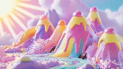 Colorful, whimsical landscape with candy-like mountains and a sunny sky, evoking a sense of fantasy and playfulness.