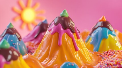 Vibrant dessert landscape with colorful mountains made of gelato, topped with chocolate and bright sprinkles, set against a cheerful background.