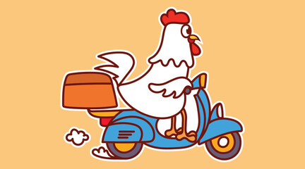 Cute white chicken riding a blue delivery scooter, carrying a package. Simple and clean vector, perfect for stickers, delivery service icons, and transportation concepts. Flat cartoon style.