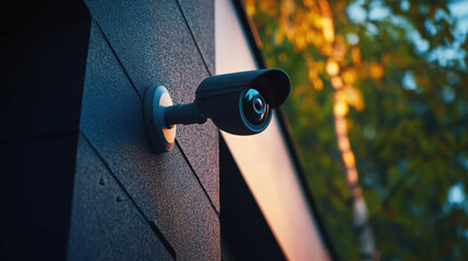Black security camera mounted on dark wall with blurred trees in background. Home protection systems, property surveillance, outdoor security equipment
