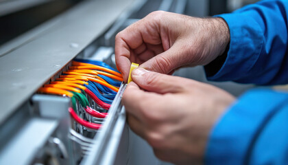 Detailed focus on an electrician's hands expertly organizing and securing colored electrical wires in a workspace illuminated by natural light
