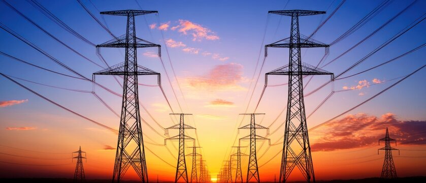 Electrical Power Transmission Lines at Sunset: A Stunning Panorama of Energy Infrastructure