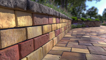 This exterior brick wall features a close-up view showcasing various earthy tones and textures, blending harmoniously with the natural surroundings