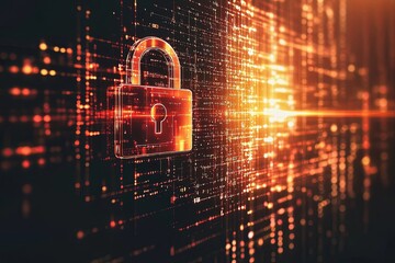 A high-tech padlock floats in digital environment, flowing encrypted data streams in bright blue green tones. Futuristic interface elements, sleek, professional cybersecurity advertisement copyspace