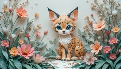 Fototapeta premium Adorable Serval Kitten Amidst Delicate Paper Flowers Artistic Craftwork