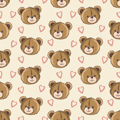 Cute seamless pattern kids bear faces and hearts background. Vector illustration