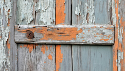 Close-up of an old wooden door with peeling gray and orange paint, revealing the passage of time and weathered beauty