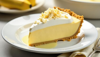 Whipped cream topping banana cream pie on a white ceramic plate, dessert, plate