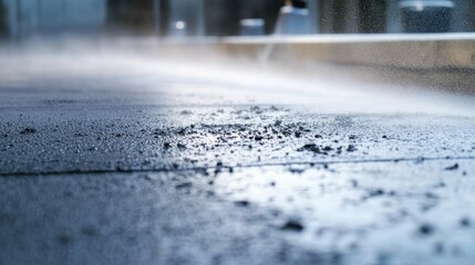 A close-up view of wet pavement, highlighting dirt and water droplets, evoking a serene and reflective mood.