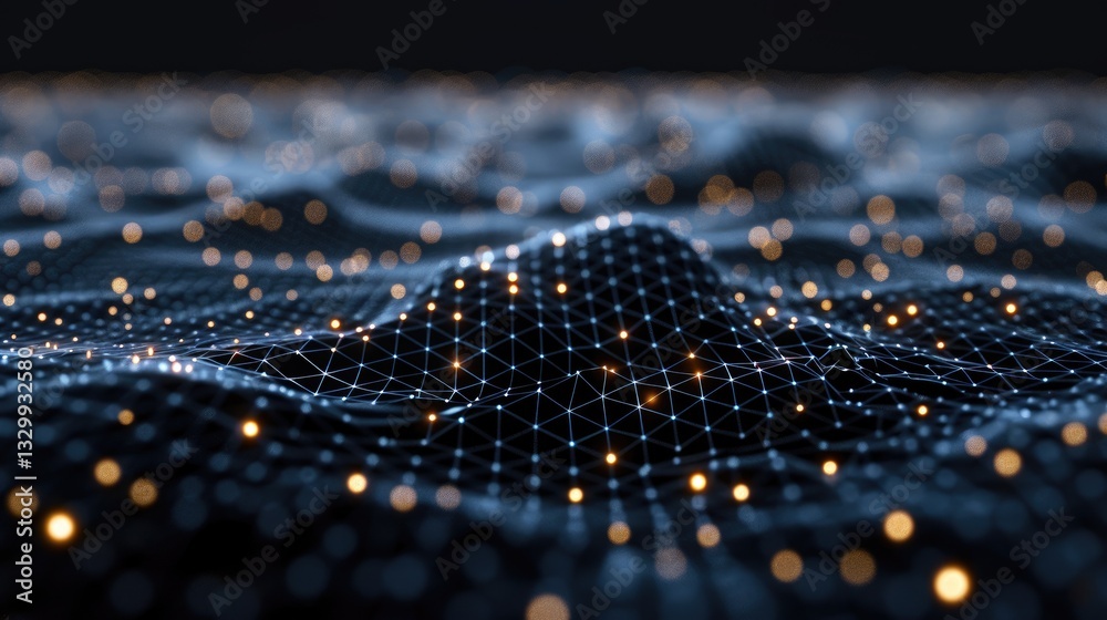 Poster a stunning 3d visualization presenting an algorithmic landscape against a black background, featurin