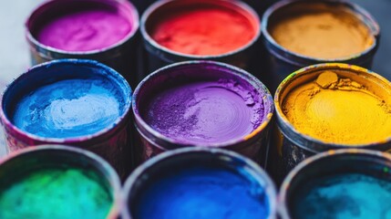 Fototapeta premium Vibrant cans of paint in various colors creating a lively artistic scene.
