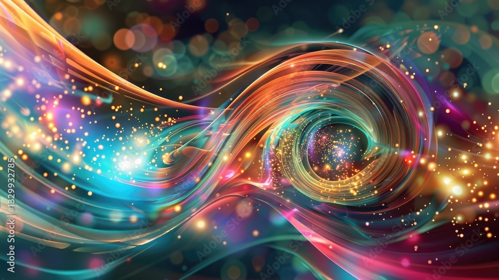 Poster this vibrant abstract image features flowing waves with colorful particles and light effects, creati