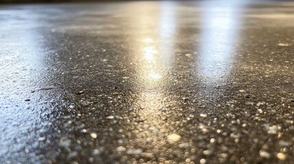 Close-up of a shiny, damp surface reflecting warm light, creating a serene and polished atmosphere.