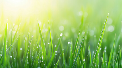 Obraz premium Vibrant green grass with morning dew glistening under soft sunlight.