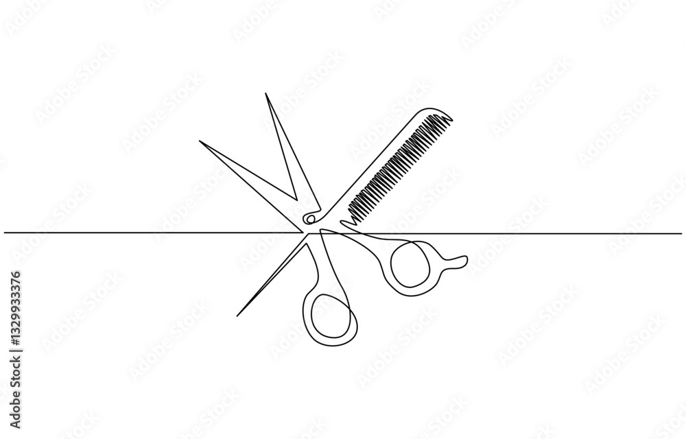 Aufkleber Scissor and comb continuous one line drawing vector illustration, Set of scissors and comb one line continuous drawing vector illustration. Hand drawn linear silhouette icon.