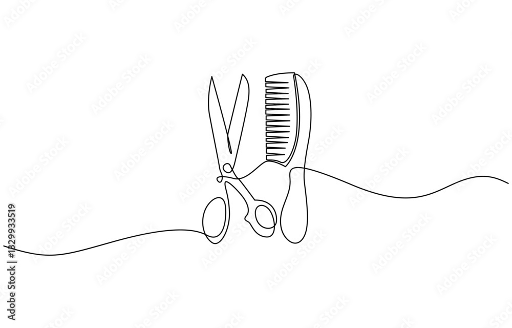 Aufkleber Scissor and comb continuous one line drawing vector illustration, Set of scissors and comb one line continuous drawing vector illustration. Hand drawn linear silhouette icon.