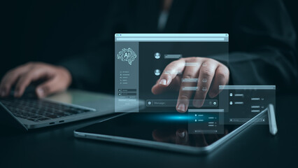 Intelligence artificial futuristic and technology development, Businessman using the AI chat system to find answers to questions, Software for chat with AI, AI network of brain on business analysis.