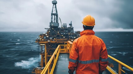 Mechanical Engineer in Bright Orange Safety Suit Observing Offshore Oil Rig Structures