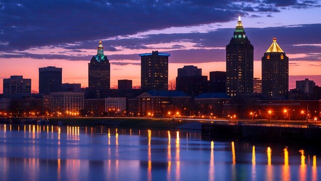 Fototapeta Syracuse skyline at twilight with reflecting city lights