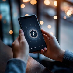 person hands close up holding a smartphone displaying a security protection app screen blurred. Warm natural lighting environment, digital safety advertisement 