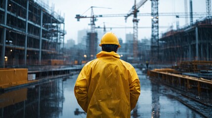 Mechanical Engineer in Bright Yellow Raincoat Walking Through Wet Construction Site Under Heavy Rain