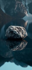 Fototapeta premium A lone boulder on the surface of an extremely calm lake. A stone with reflection on the water of a calm lake.