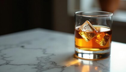 Whiskey glass with amber liquid and ice on marble slab, surface, relaxation, sophistication