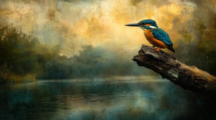Obraz premium Kingfisher Perched on Branch by Water at Sunset