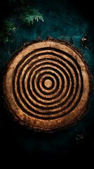 Wood rings on dark surface with green leaves
