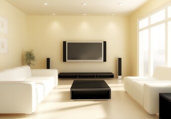 Fototapeta premium Modern living room with white sofas, flat screen TV, and large windows.