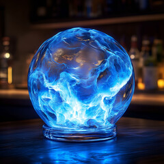 Glowing crystal ball in a glass with a transparent sphere in the dark