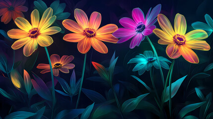 Neon flowers, glowing colors, dark background, vibrant and surreal. Surreal Luminance. Illustration
