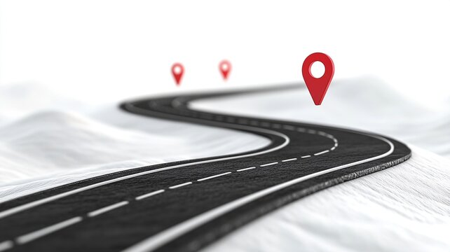 Conceptual 3D illustration of a winding grayscale road flowing dynamically on a white backdrop. Vibrant red location markers highlight key points along the path.