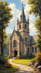 An idyllic scene featuring a Gothic-style church with a tall spire set against a sunny sky, surrounded by verdant trees. A stone path leads to the entrance of the church, enhancing its welcoming aura.