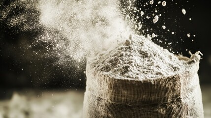 A close-up of a burlap sack filled with flour, with flour dust swirling in the air, capturing a moment of baking magic.