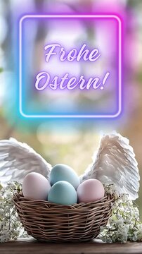 moderne, animierte Gl&uuml;ckw&uuml;nsche in den Neonfarben Pink und Blau anl&auml;sslich der Osterfeiertage; Ostereier in einem Korb, umgeben von gefiederten Engelsfl&uuml;geln